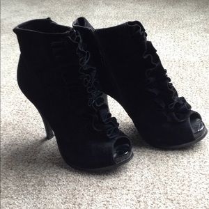 Black suede ruffle peep toe heel